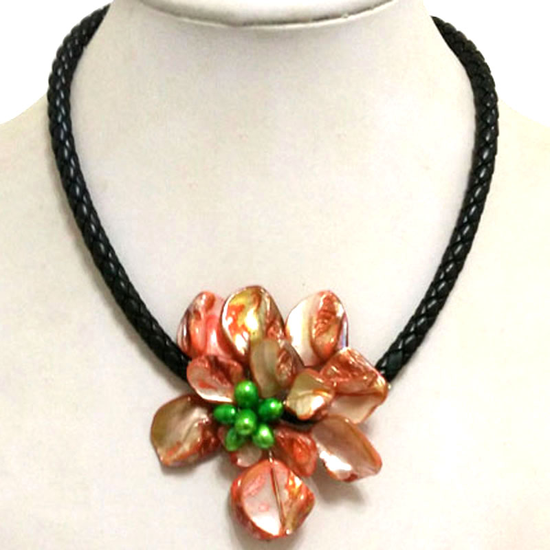 18 inches Natural Leather One Orange Shell Flower Women Necklace