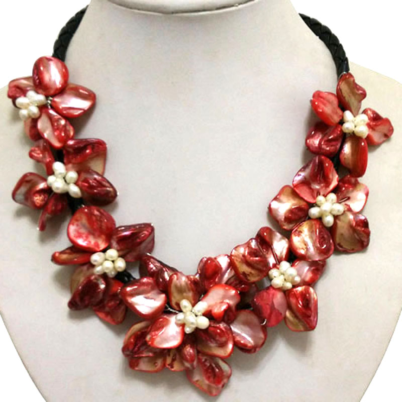 18 inches Leather Seven Red Shell Flower White Pearl Necklace