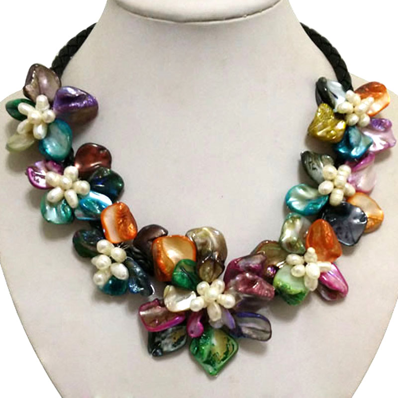 18 inches Natural Leather Seven Multicolor Shell Flower Necklace