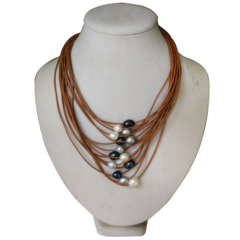 16-20 inches 15 Rows Coffee Leather 11-12mm Oval Pearl Necklace