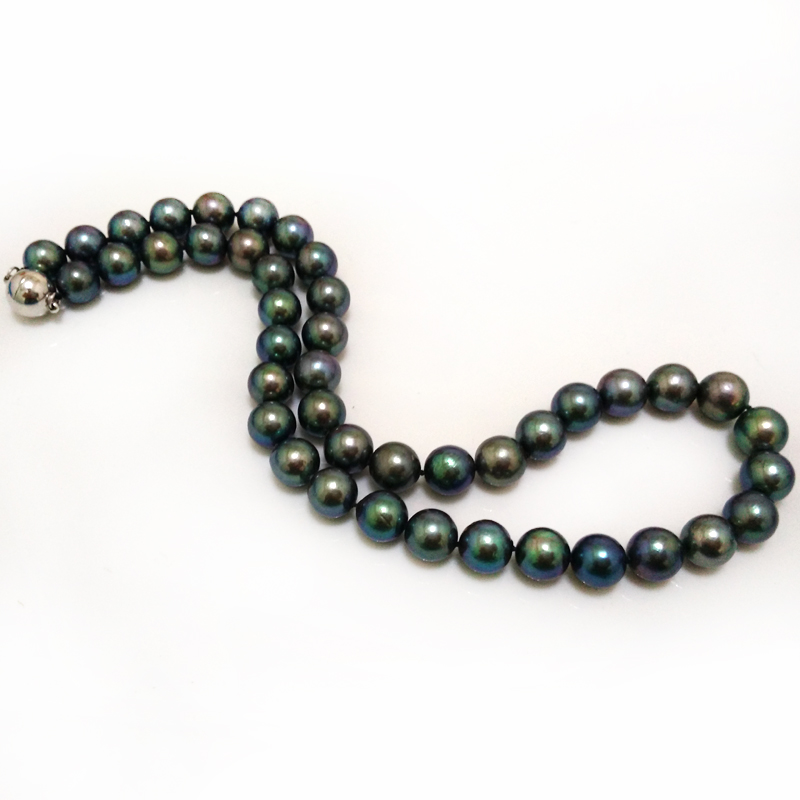 16 inches 9-10mm AA Peacock Green Tahitian Pearl Necklace