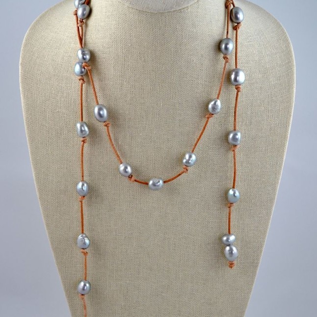 48 inches 10-11mm Silver Baroque Pearl Brown Leather Necklace