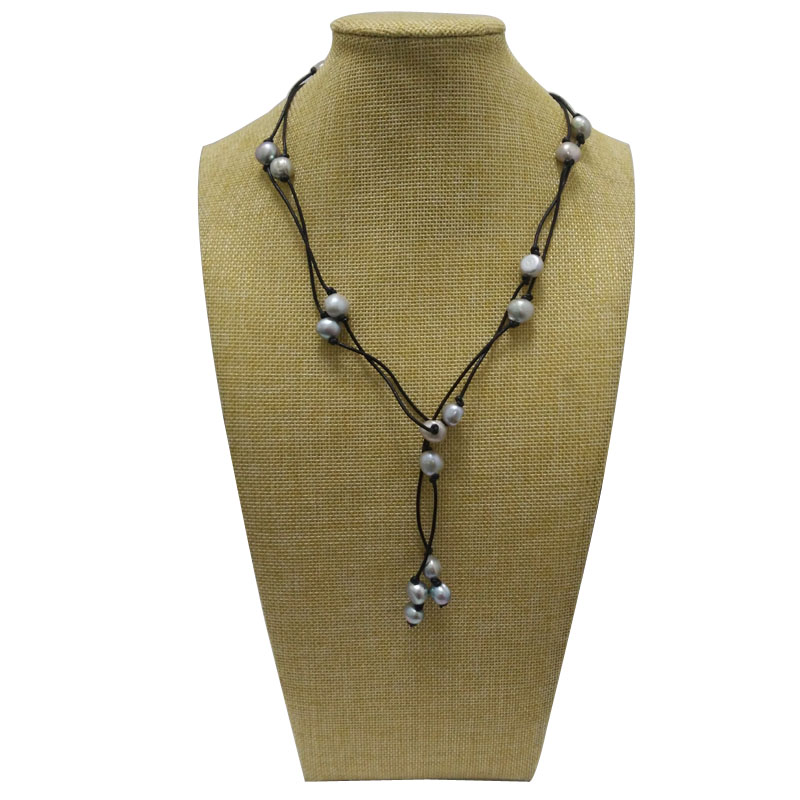 48 inches 10-11mm Silver Baroque Pearl Black Leather Necklace