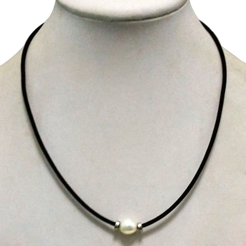 17 inches 10-11mm Natural White Pearl &Black Leather Necklace