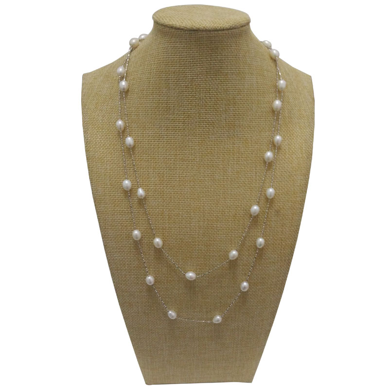 47 inches 7-8mm White Rice Pearl Long Chain Tin Cup Necklace