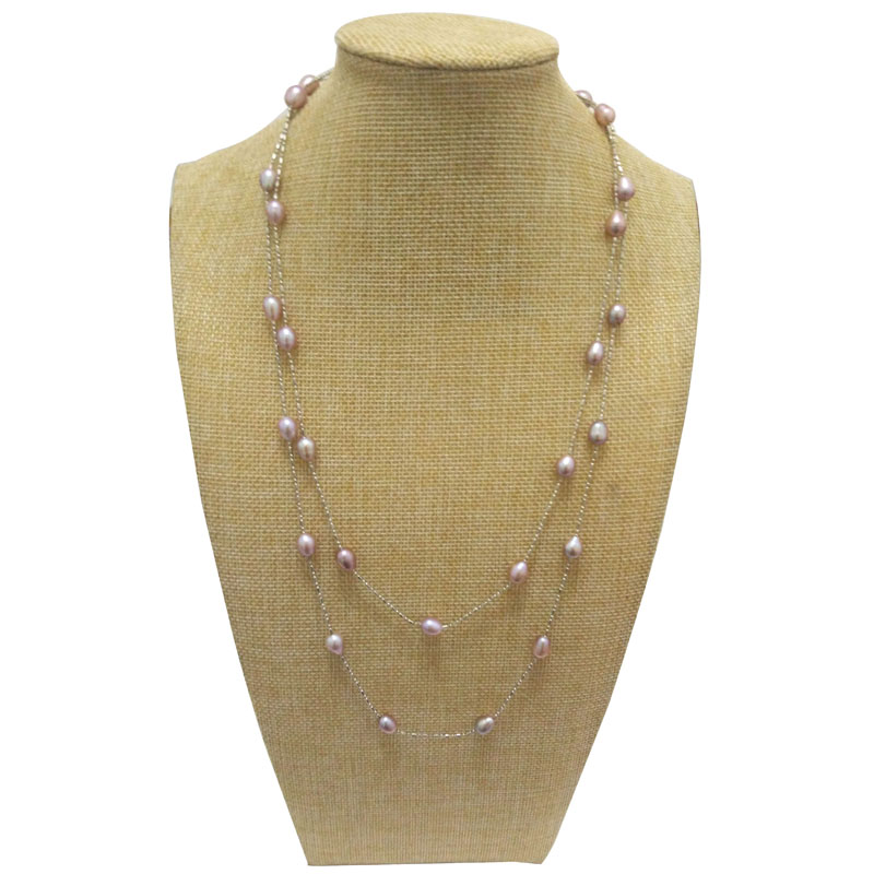 47 inches 7-8mm Lavender Rice Pearl Long Chain Tin Cup Necklace