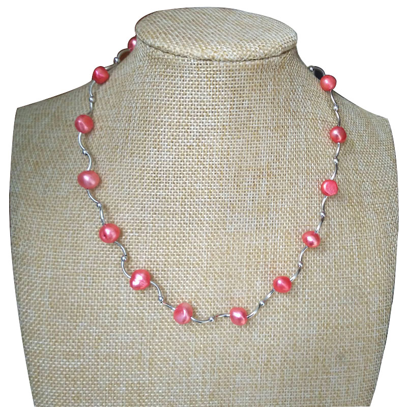 17 inches 8-9mm Pink Natural Baroque Pearl Link Chocker Necklace