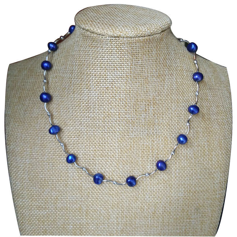17 inches 8-9mm Blue Natural Baroque Pearl Link Chocker Necklace