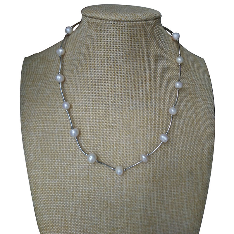 17 inches 8-9mm Natural White Baroque Pearl Chocker Necklace