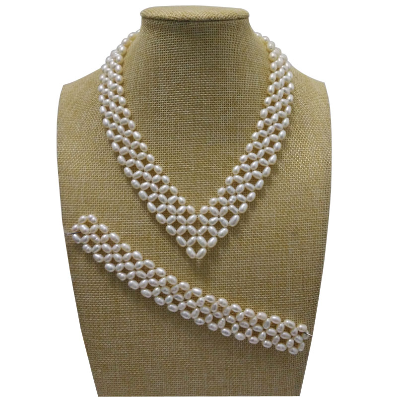 16 inches Natural 5-6mm White Rice Pearls Necklace Set