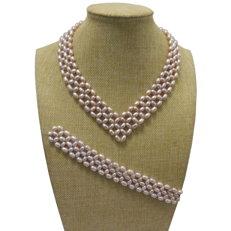 16 inches Natural Lavender 5-6mm Rice Pearl Necklace Set