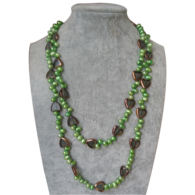 48 inches 6-7mm Green Dancing Pearl and Heart Spacer Necklace