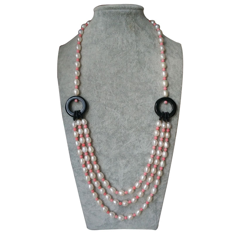 26-30 inches Three Row Natural White Pearl and Pink Coral Necklace
