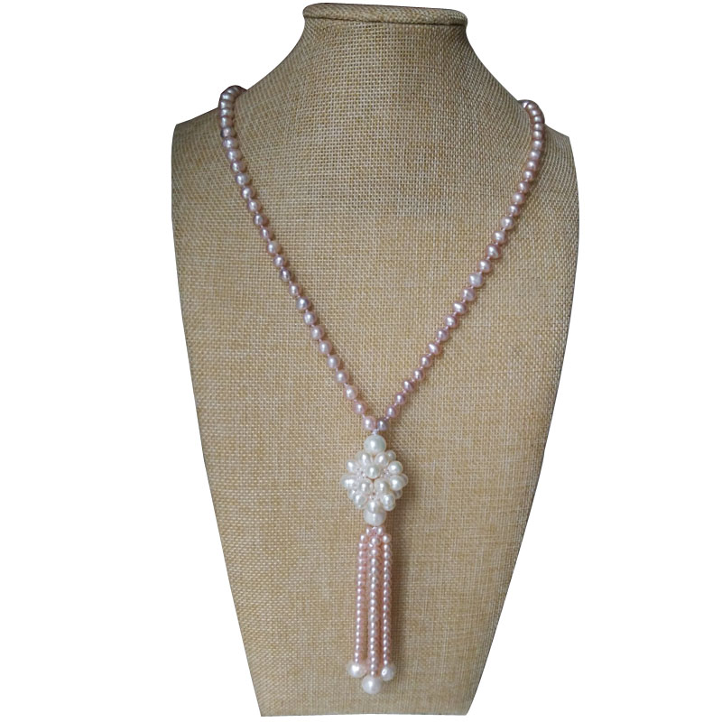 36 inches 5-10mm Natural White & Lavender Pearl Tassel Necklace