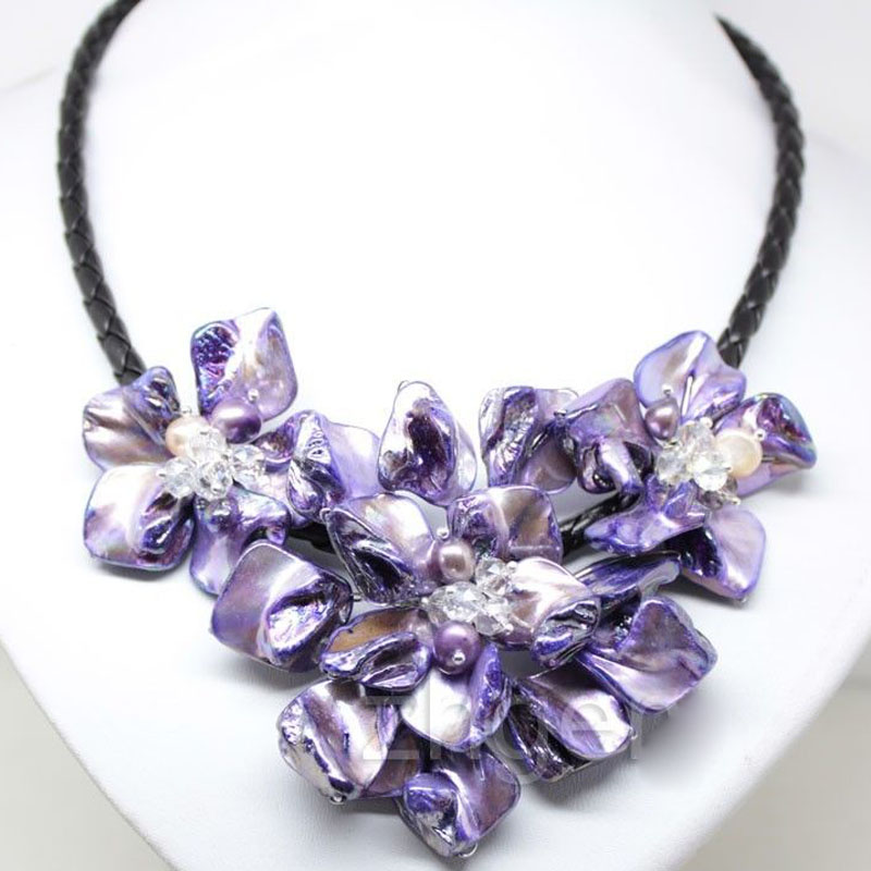 18 inches Natural Leather Three Purple Shell Flower Necklace