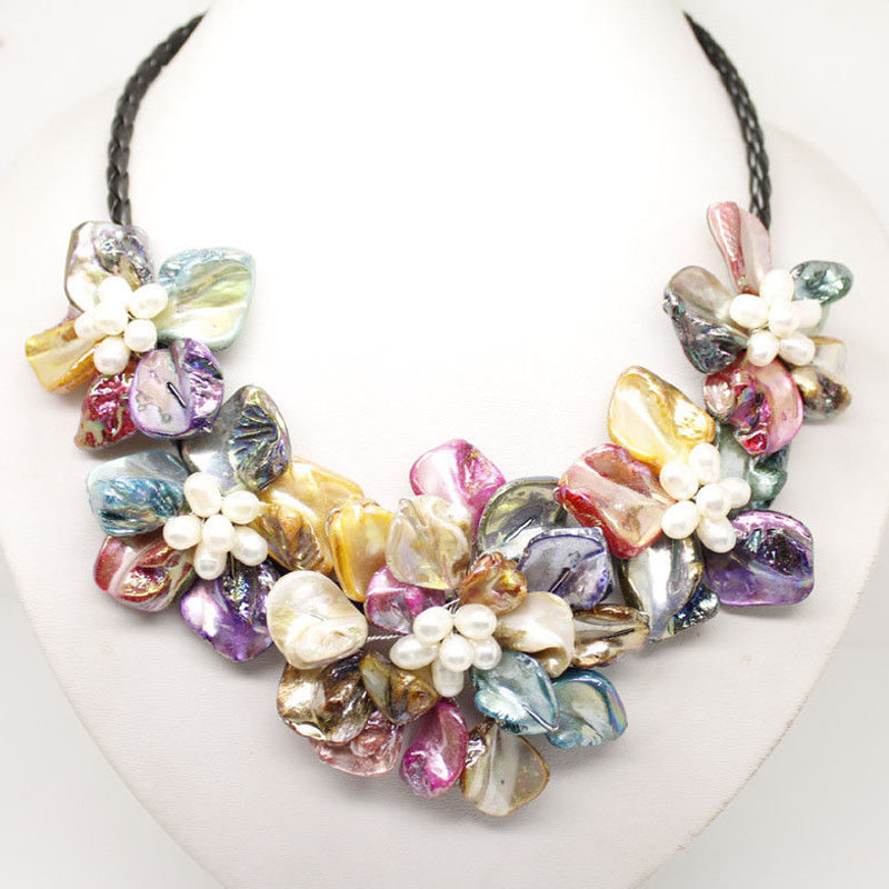 18 inches Natural Leather Five Multicolor Shell Flower Necklace
