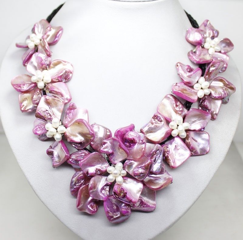 18 inches Natural Leather Seven Pink Shell Flower Necklace
