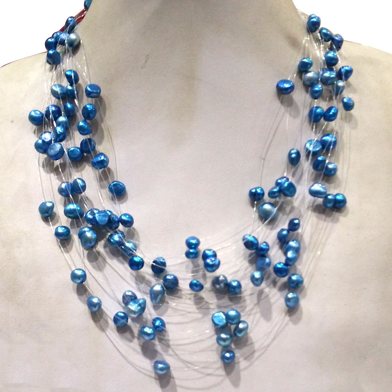 17 inches Multi-layered Illusion Blue 4-8mm AA Pearl Necklace