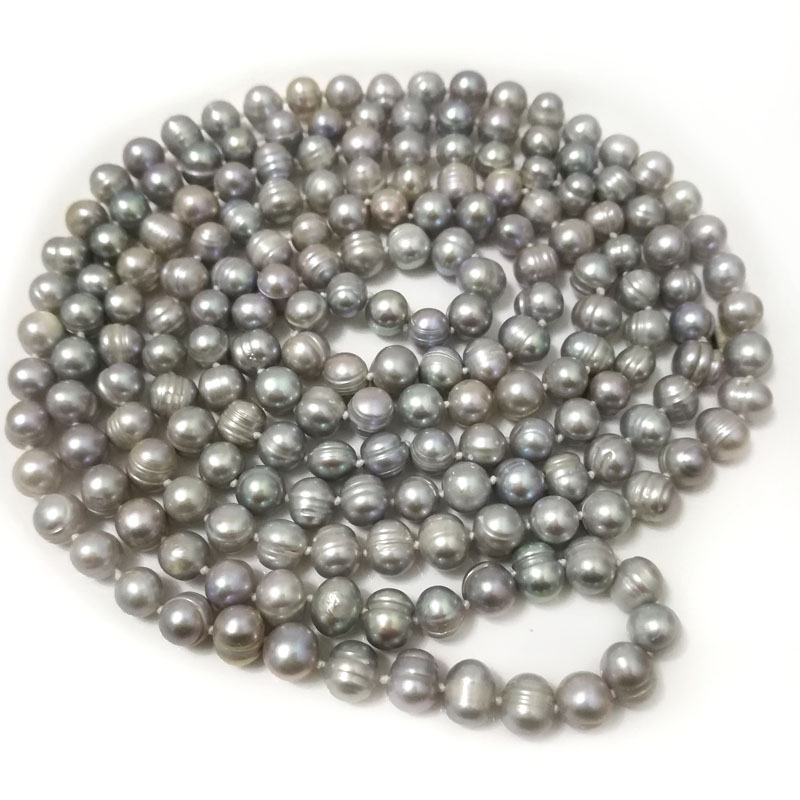 64 inches 8-9mm Potato Shaped Silver Gray Pearl Necklace