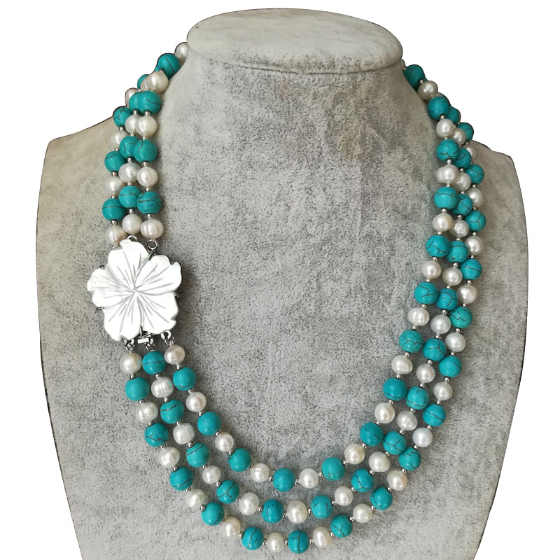 17-19 inches 3 Rows 8-9mm Natural Pearl&Turquoise Beads Necklace