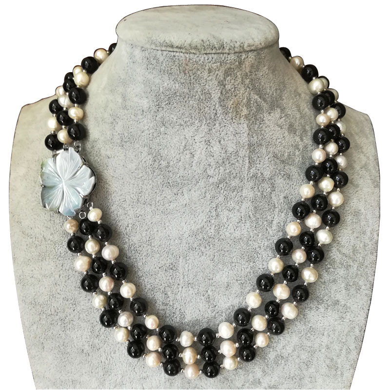17-19 inches 3 Rows 8-9mm Natural Pearl&Black Onyx Bead Necklace