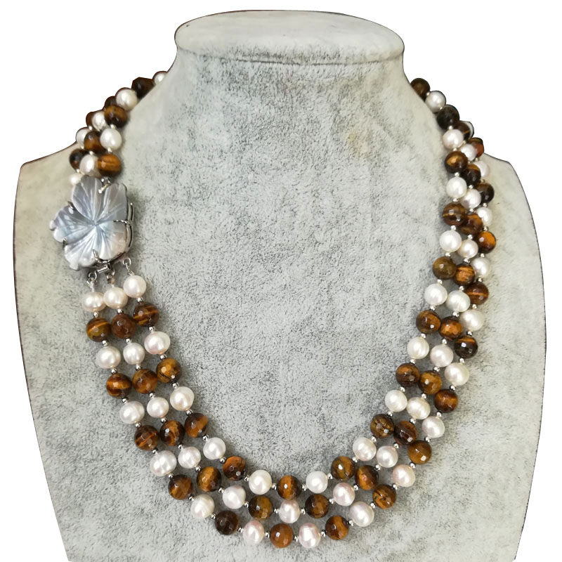 17-19 inches 3 Rows 8-9mm Natural Pearl&Tiger Eye Bead Necklace