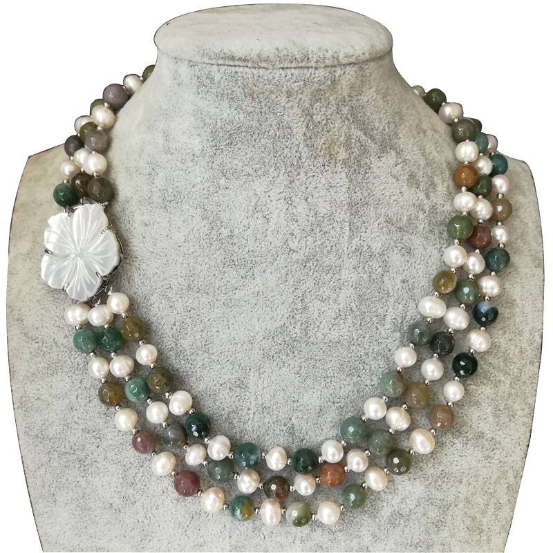 17-19 inches 3 Rows 8-9mm Natural Pearl&India Agate Necklace