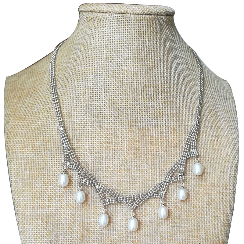 18 inches 7-8mm White Natural Rice Pearl Fringe Necklace