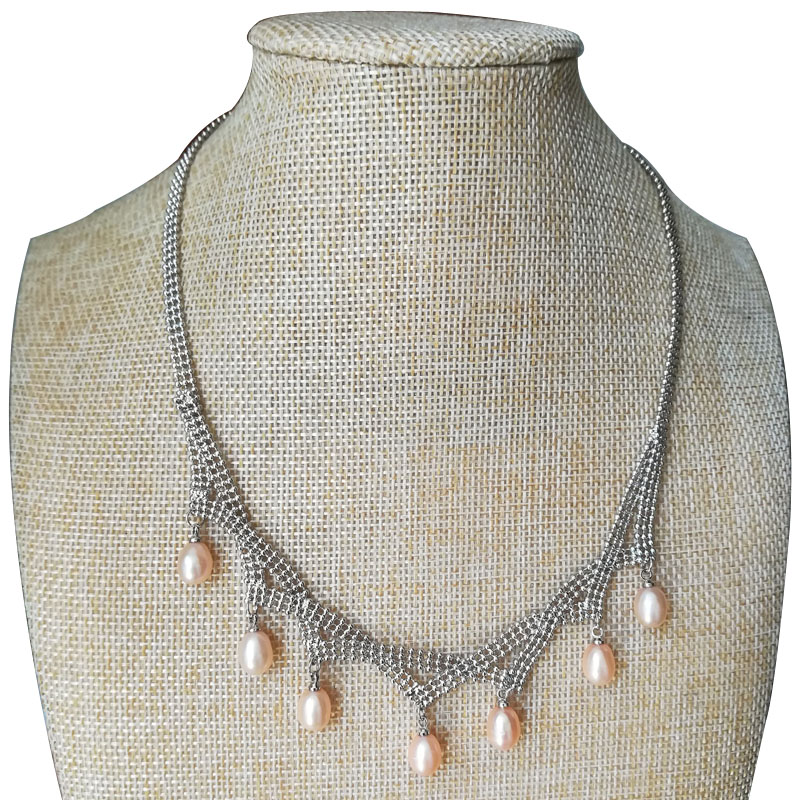 18 inches 7-8mm Natural Pink Rice Shaped Pearl Fringe Necklace