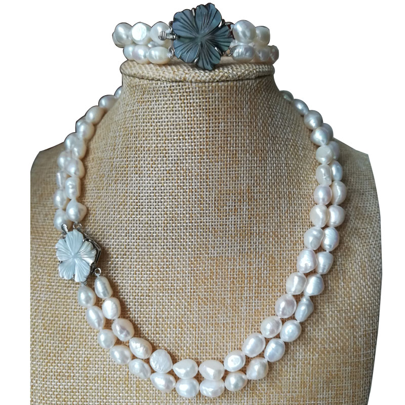 17-18 inches 2 Rows 9-10mm White Baroque Pearl Necklace Set