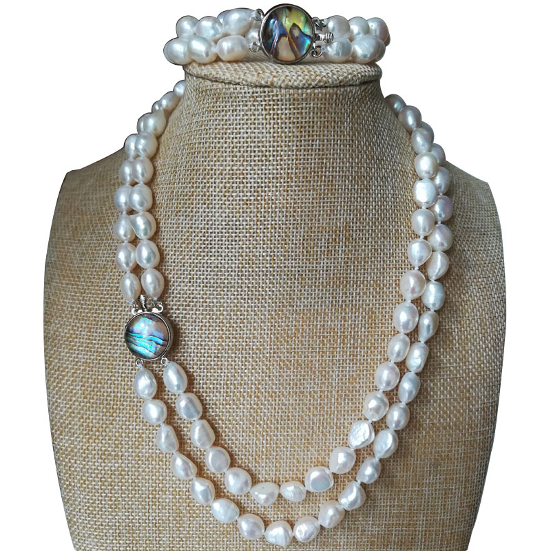 17-18 inches 2 Rows 9-10mm White Baroque Pearl Necklace Set