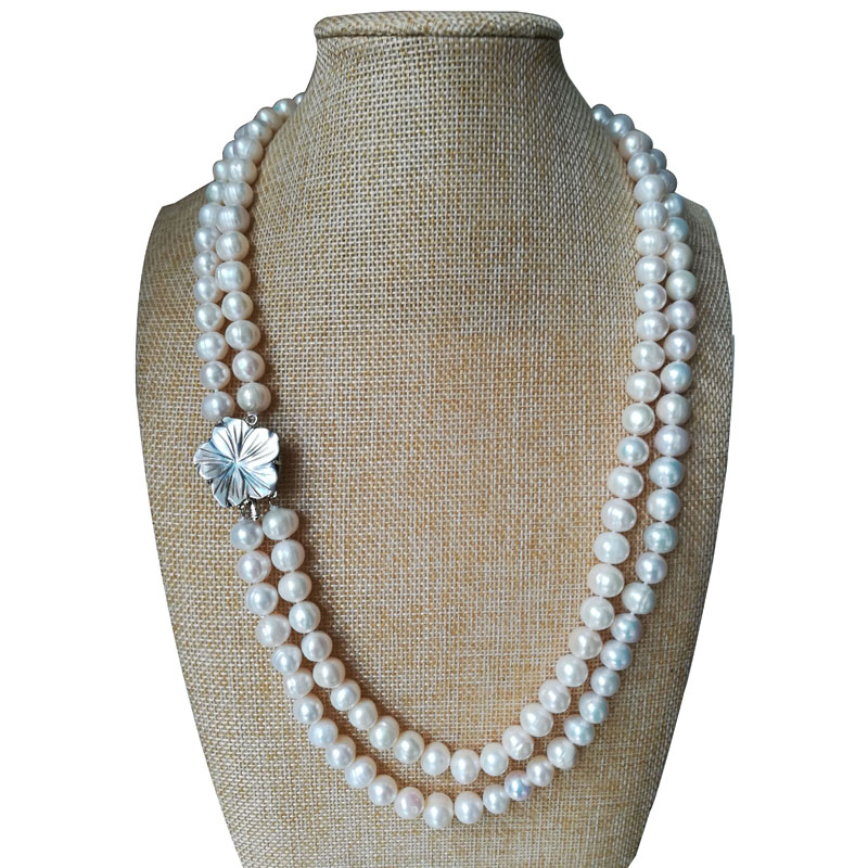 23-24 inches Double Rows 9-10mm Natural White Pearl Necklace