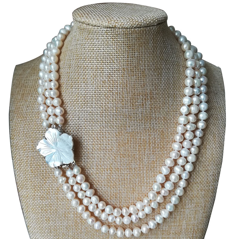 17-19 inches Three Rows 7-8mm Natural White Pearl Necklace