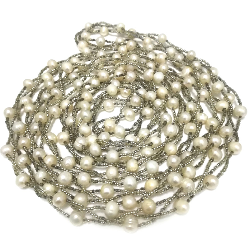 62 inches 6-7mm White Oval Pearl & Seed Bead Long Chain Necklace