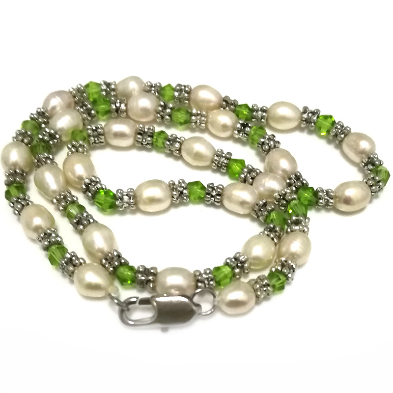 17 inches 5-6mm White Rice Pearl and Green Crystal Necklace