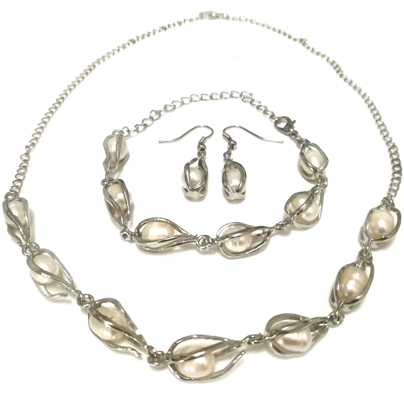 16 inches 7-8mm Natural White Rice Pearl Chain Necklace Set