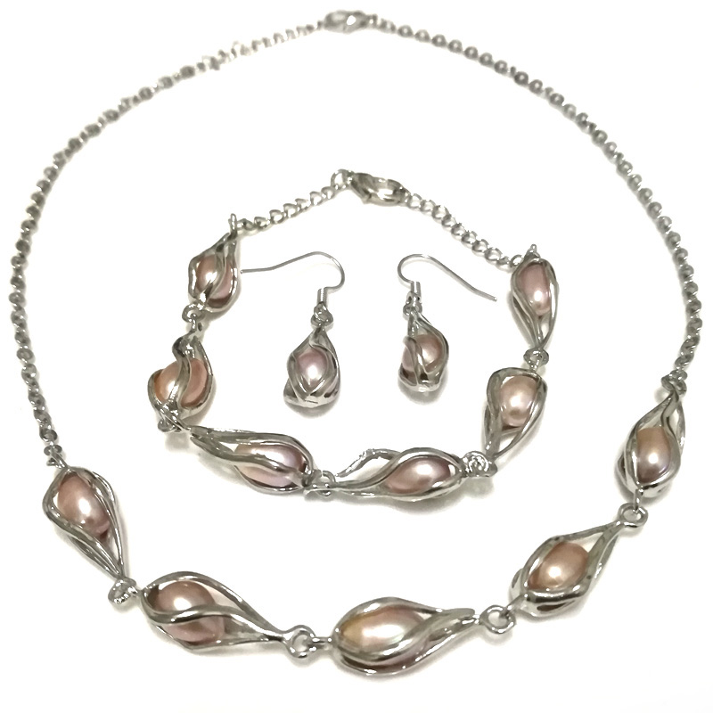 16 inches 7-8mm Natural Lavender Rice Pearl Chain Necklace Set