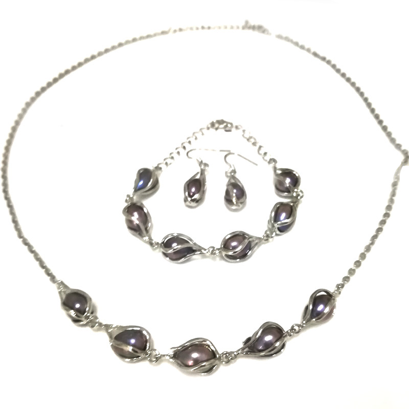 16 inches 7-8mm Black Natural Rice Pearl Chain Necklace Set