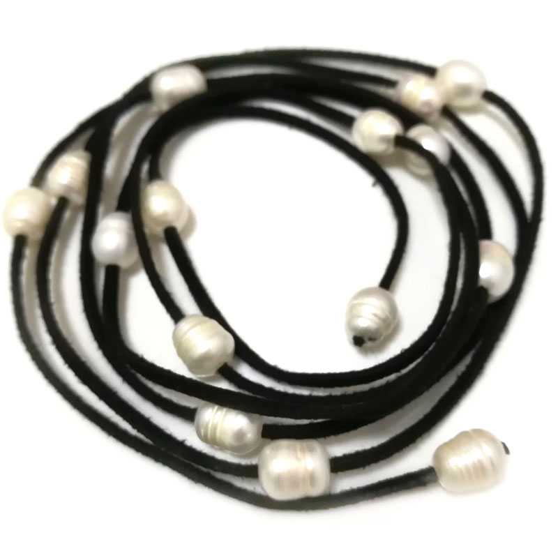 62 inches 9-10mm White Rice Pearl Black Leather Necklace
