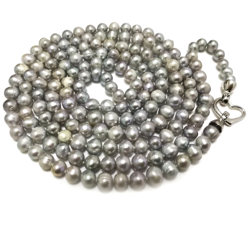 48 inches AA 7-8 mm Silver Gray Natural Round Pearl Necklace