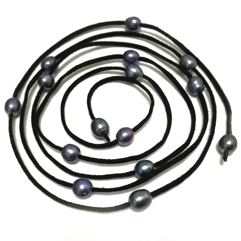 62 inches 9-10mm Black Rice Pearl Black Leather Necklace