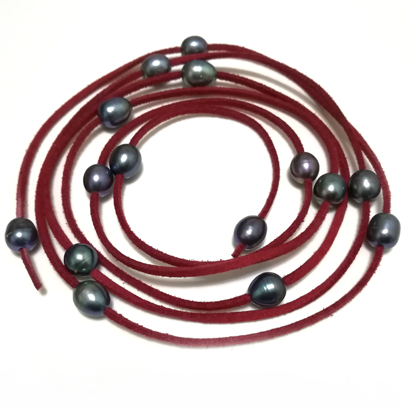 62 inches 9-10mm Black Natural Rice Pearl Red Leather Necklace