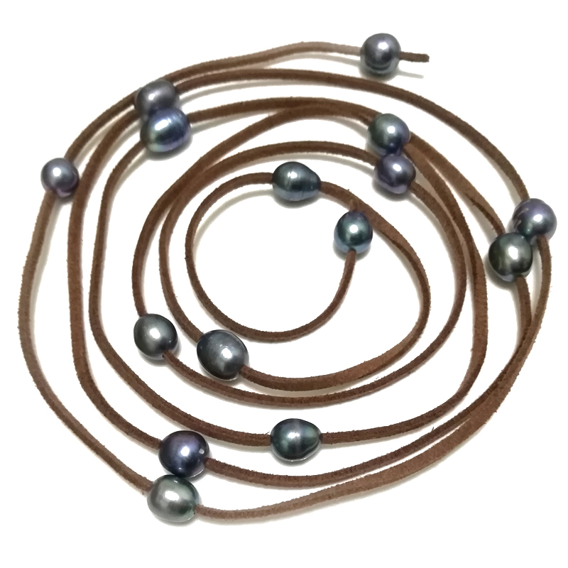 62 inches 9-10mm Black Rice Pearl Coffee Leather Necklace