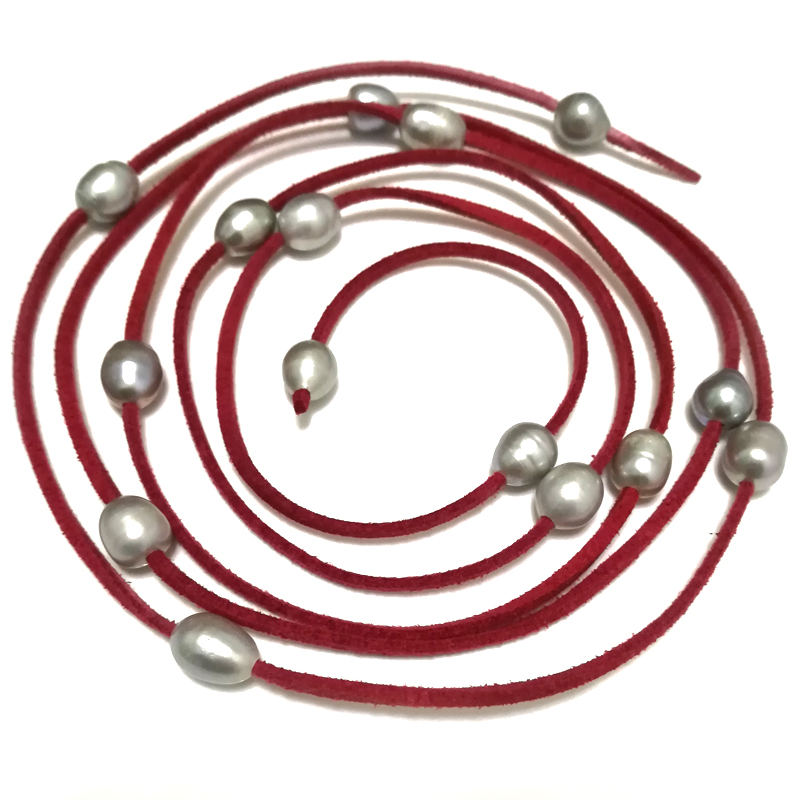 62 inches 9-10mm Gray Natural Rice Pearl Red Leather Necklace