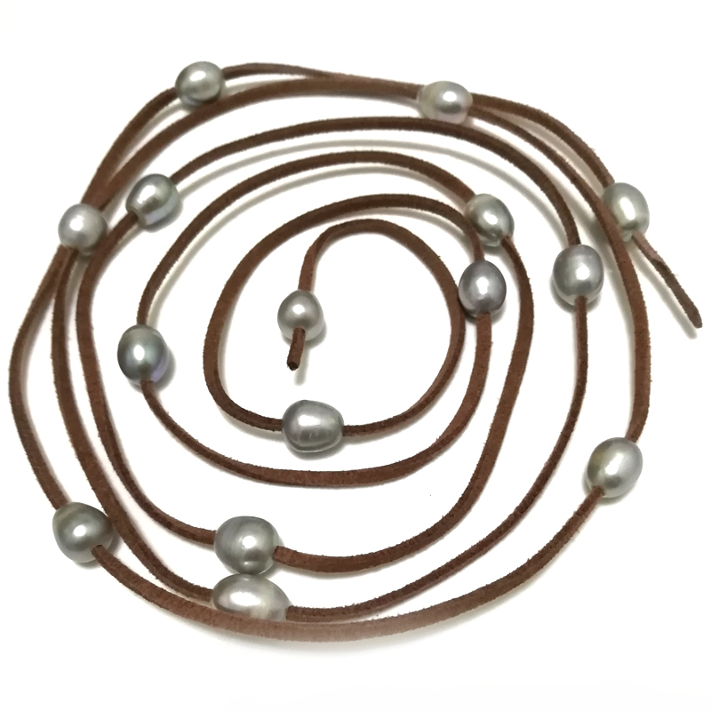 62 inches 9-10mm Gray Rice Pearl Coffee Leather Necklace
