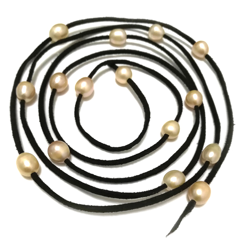 62 inches 9-10mm Natural Pink Rice Pearl Black Leather Necklace