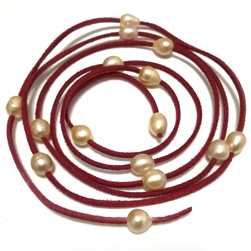 62 inches 9-10mm Natural Pink Rice Pearl Red Leather Necklace