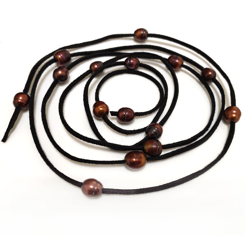 62 inches 9-10mm Brown Rice Pearl Black Leather Necklace