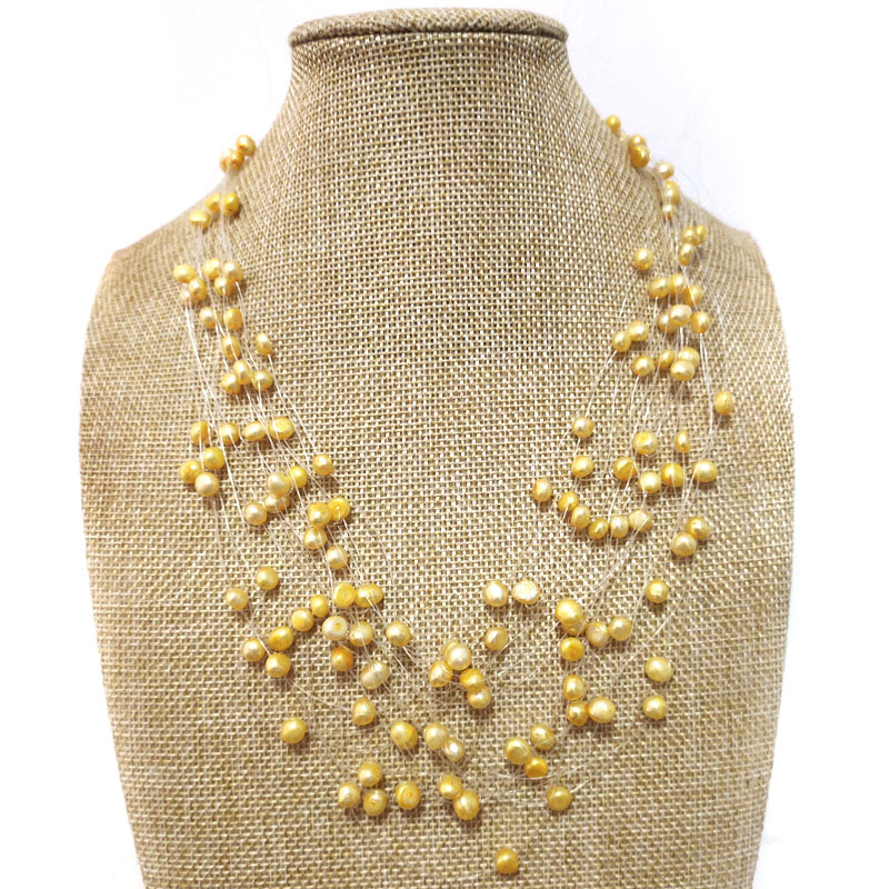 18-24 inches Multi-Layered 4-8mm Yellow Nugget Pearl Necklace