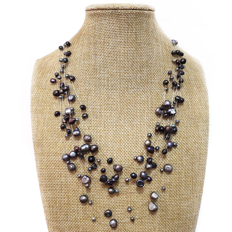 18-24 inches Multi-Layer 4-8mm Black Nugget Pearl Necklace